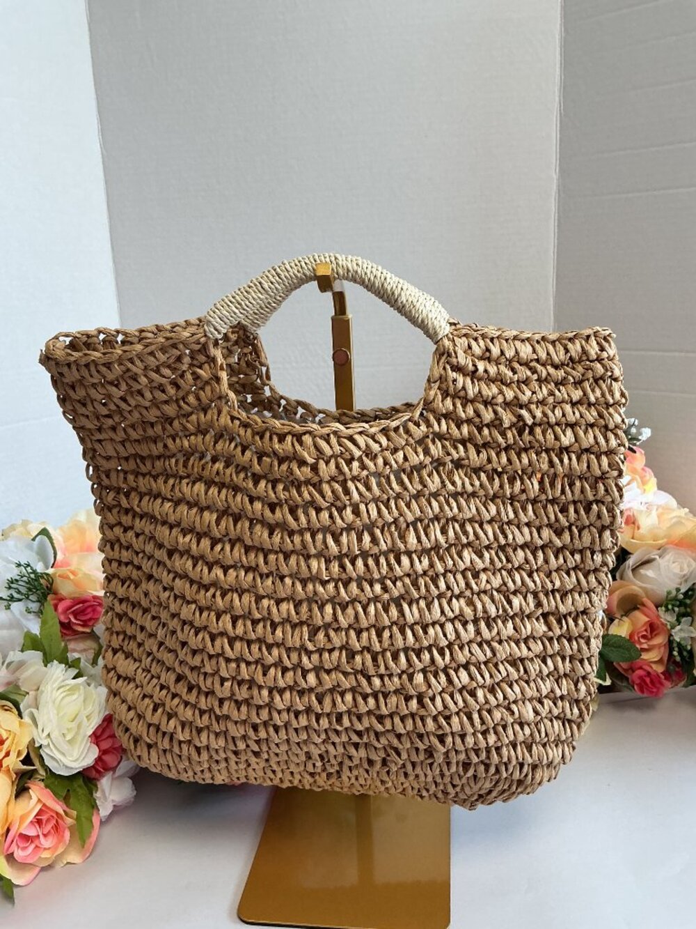 Mark & Graham Woven Straw Tote Natural Tan Ivory Wrapped Handles Coastal Resort - Picture 7 of 11